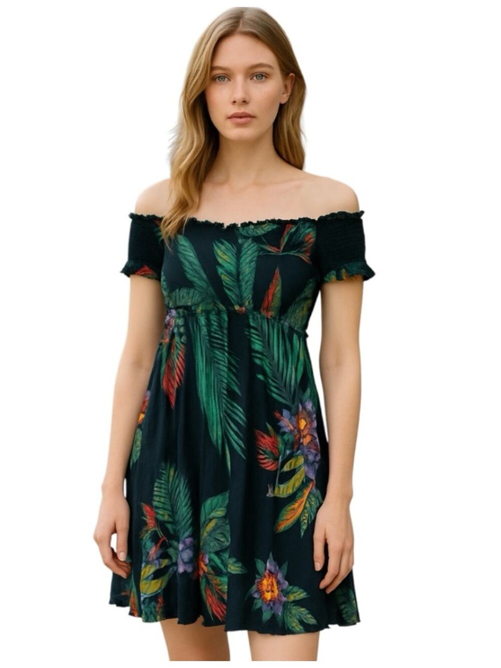 Patrons of Peace tropical floral off the shoulder smocked dress womens small
